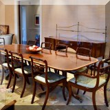 F01. Banded mahogany double pedestal dining table with 2 leaves. 28”h x 68”l x 42”w (Leaves measure 21”each.) 